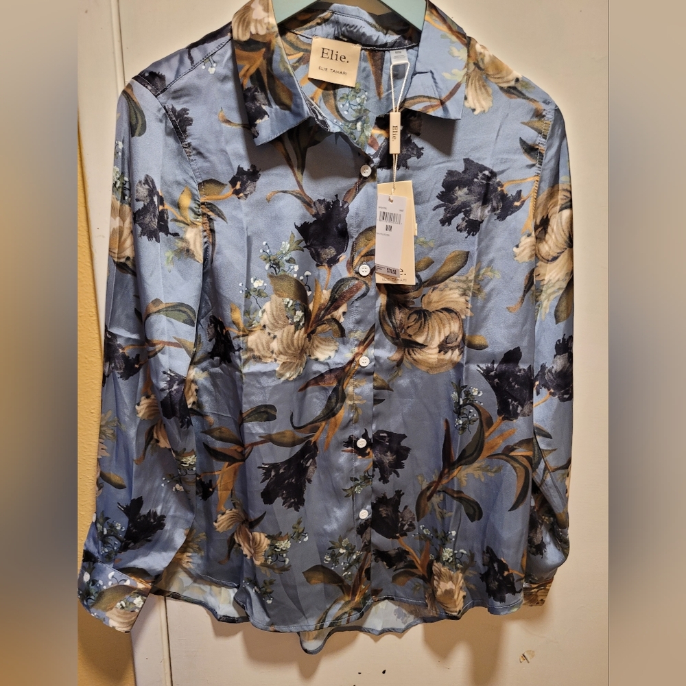 Elie Tahari Blue and Brown Patterned Top